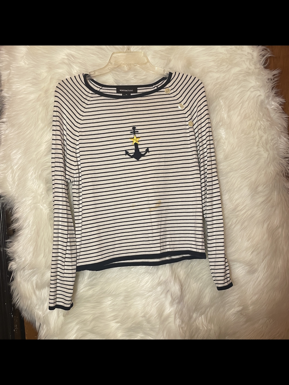 Striped Nautical Anchor Sweater Top in White & Navy